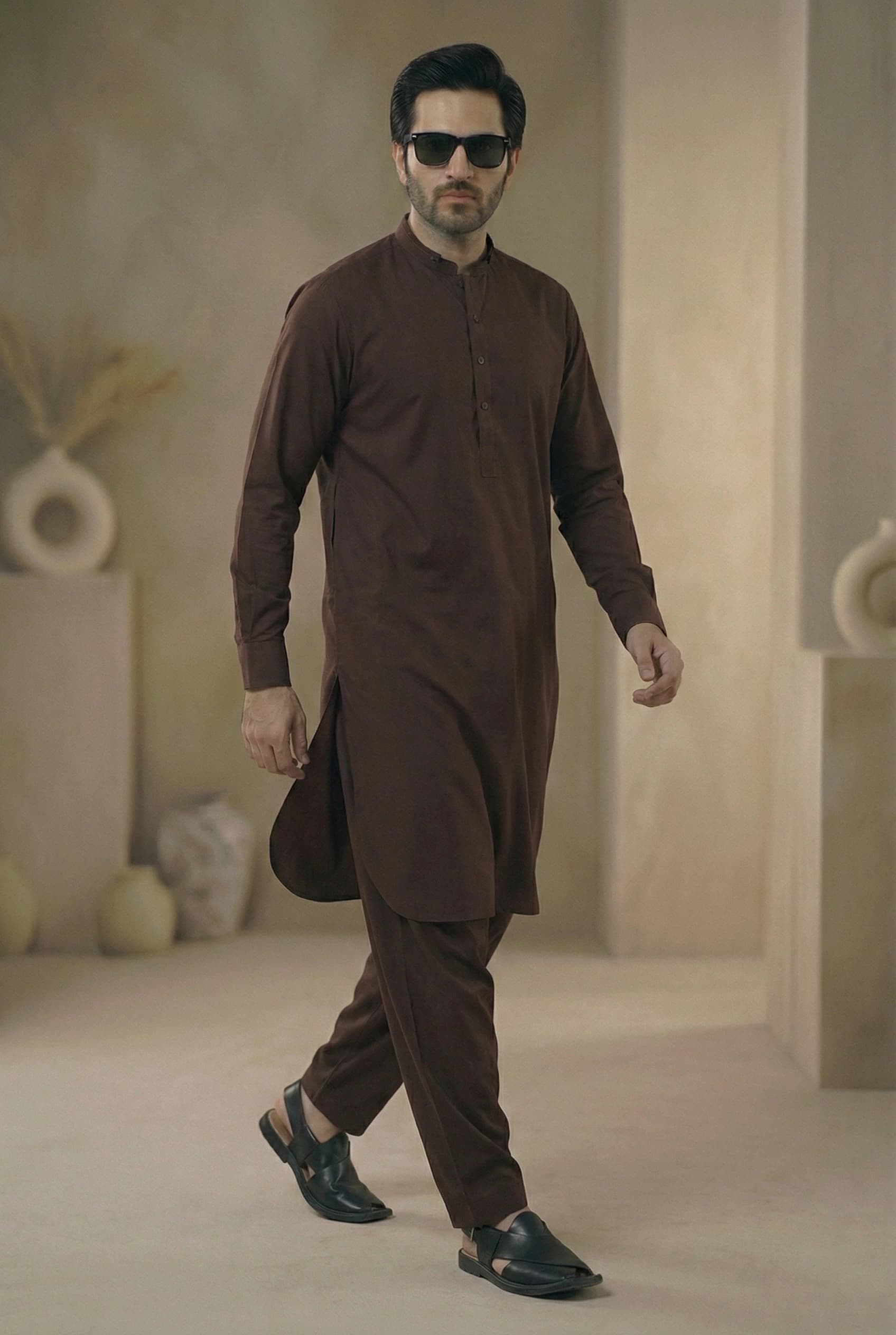 New Designer Dark Brown Ready-to-Wear Shalwar Kameez with Cut Sherwani Collar