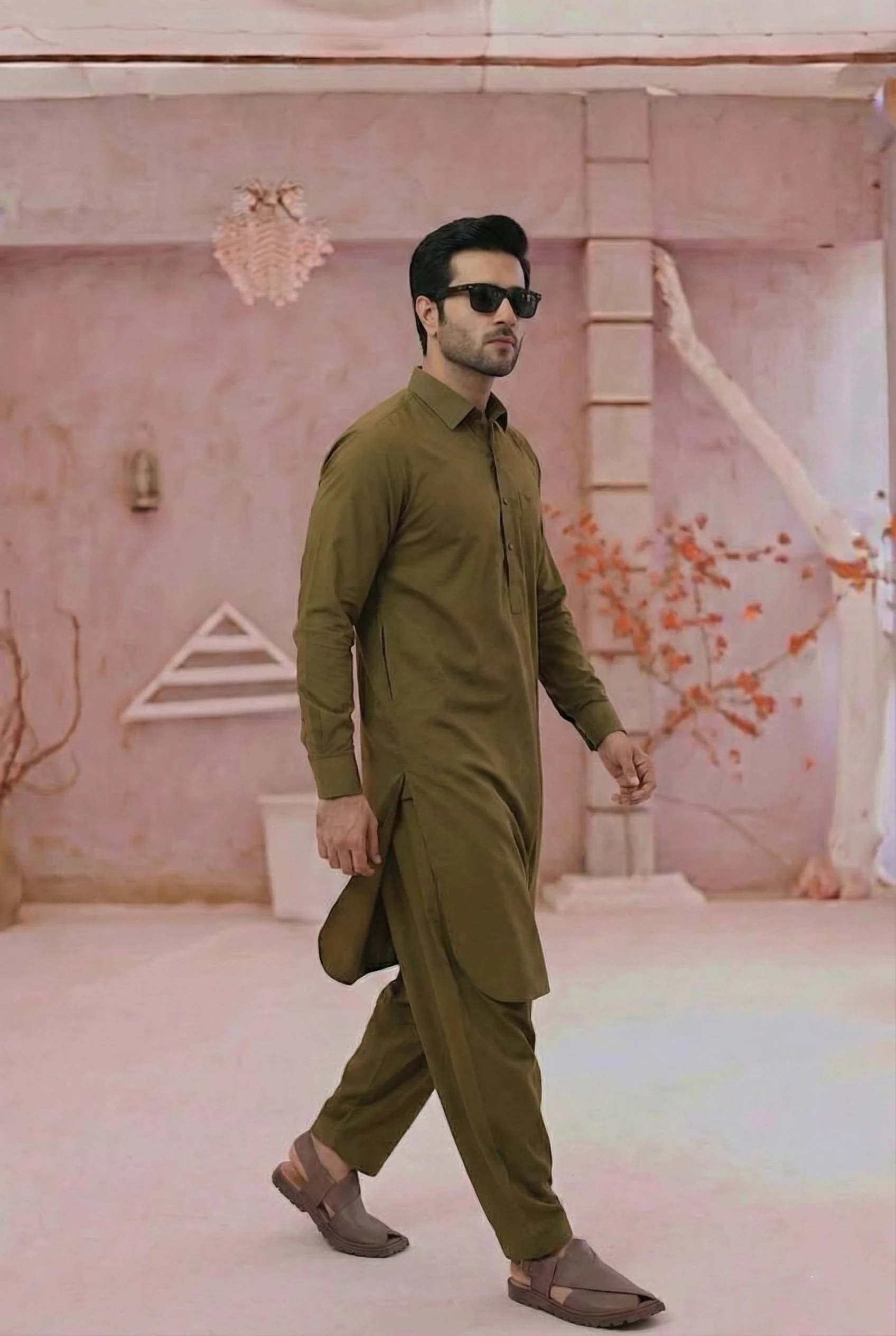 Moss Green Classic Shalwar Kameez – Pocket Logo